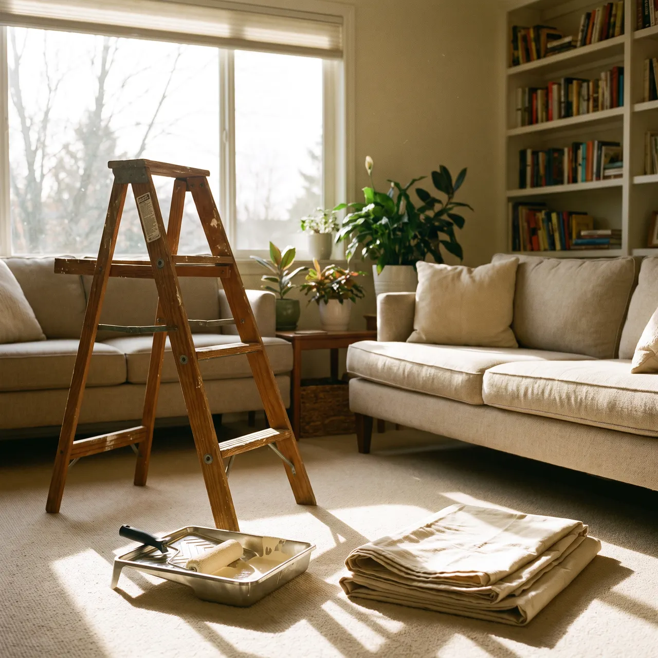 warm photo of a bright, tidy living room with a wooden ladder, paint roller tray, and folded drop cloth near a sunlit window
