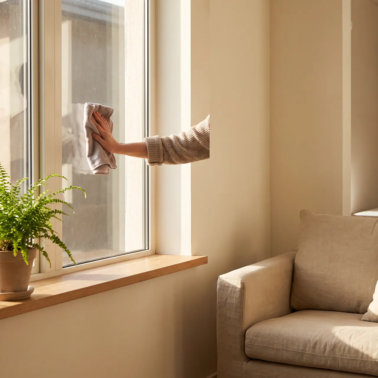 calm photo of a person wiping a large window with a cloth, soft daylight streaming into a neutral-toned room with a houseplant on the sill