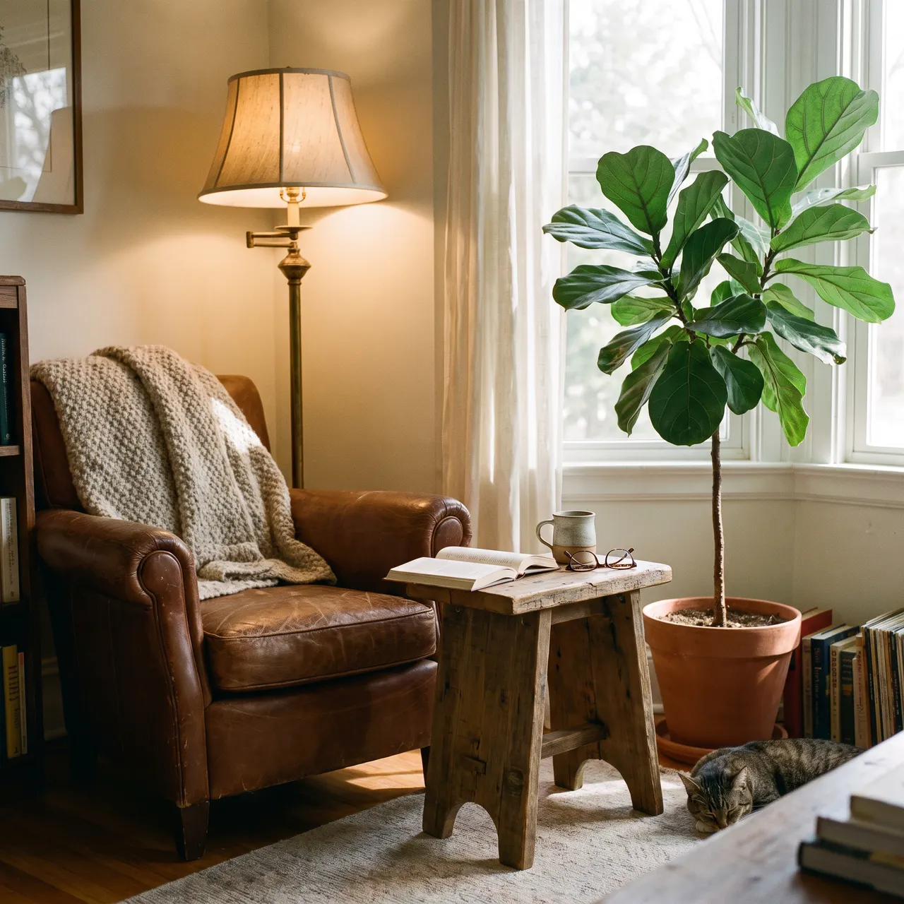 cozy photo of a reading corner with an armchair, a floor lamp, a small side table with a book, and a leafy potted plant in soft afternoon light