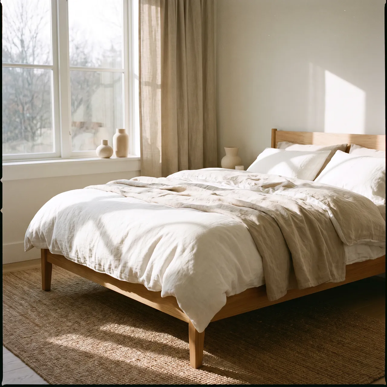 serene photo of a neatly made bed with white and beige linens, morning light falling across the duvet in a calm minimal bedroom